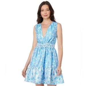 NWOT Fabiana V neck Jacquard Floral Dress Print: Lunar Blue Baby Blue Jacquard.